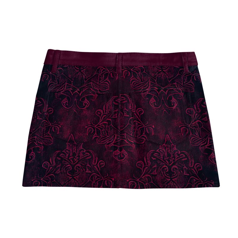 Vampire Art Retro Charm Mini Denim Skirt - Dark Purple Goth Brocade