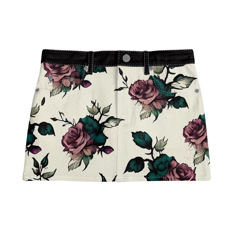 Vampire Art Retro Charm Mini Denim Skirt - Goth Roses