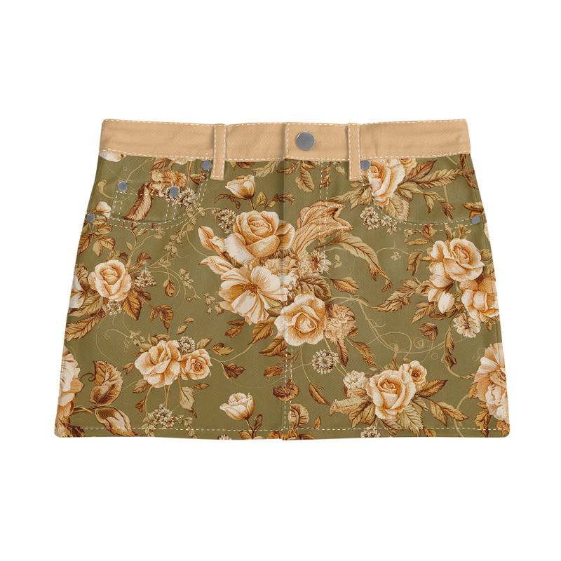 Vampire Art Retro Charm Mini Denim Skirt - Retro Florals in Khaki