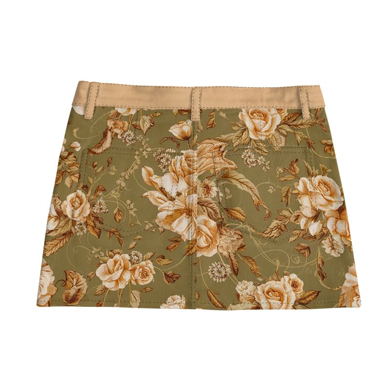 Vampire Art Retro Charm Mini Denim Skirt - Retro Florals in Khaki