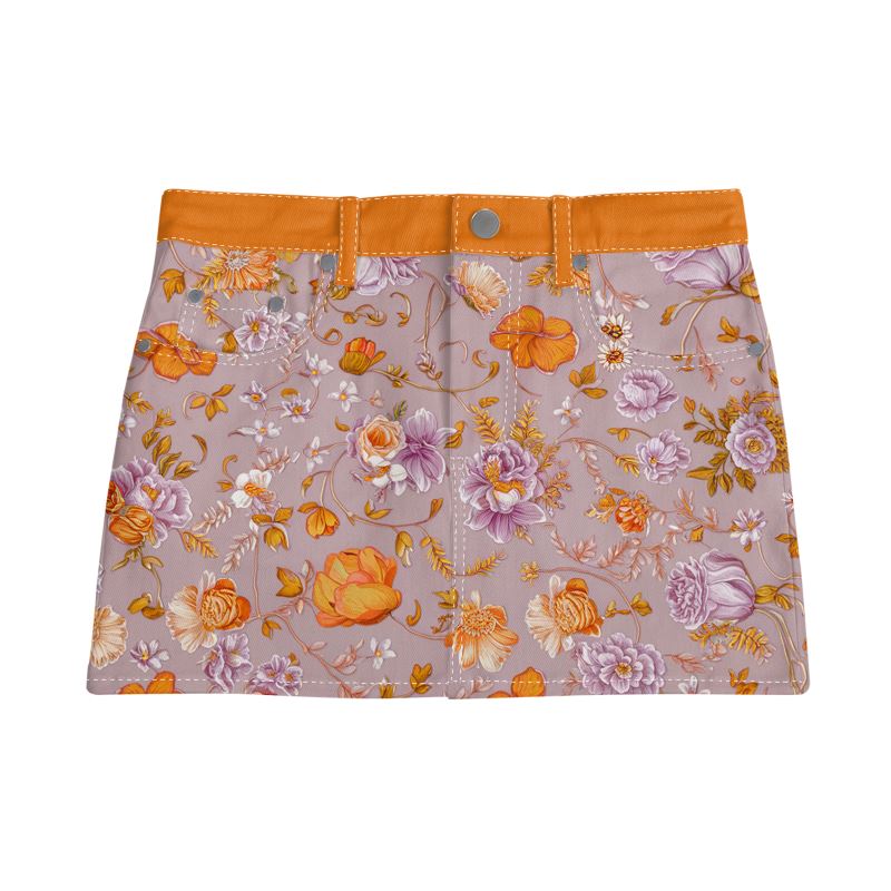 Vampire Art Retro Charm Mini Denim Skirt - Mauve and Orange Florals