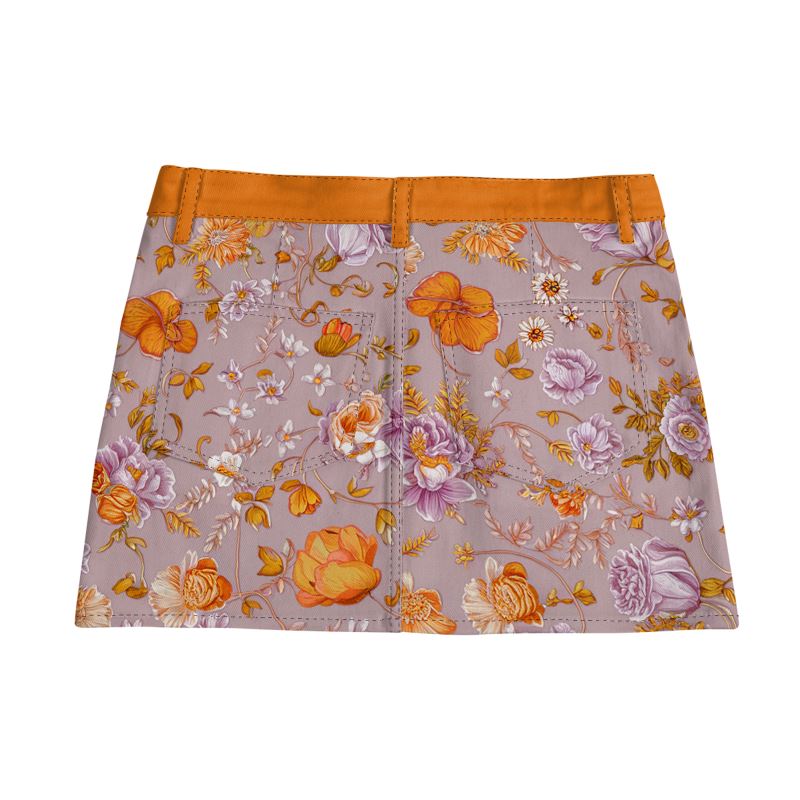 Vampire Art Retro Charm Mini Denim Skirt - Mauve and Orange Florals