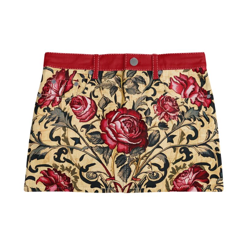 Vampire Art Retro Charm Mini Denim Skirt - Victorian Red Roses