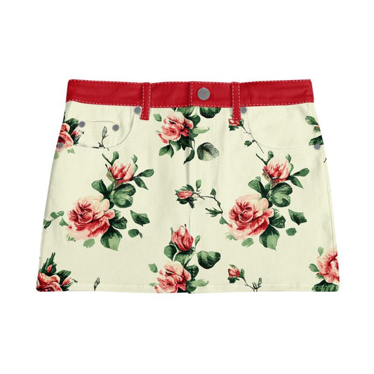 Vampire Art Retro Charm Mini Denim Skirt - Rose Florals