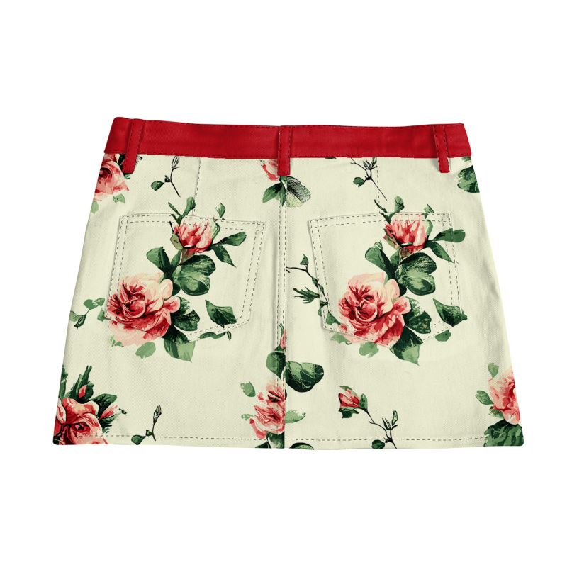 Vampire Art Retro Charm Mini Denim Skirt - Rose Florals