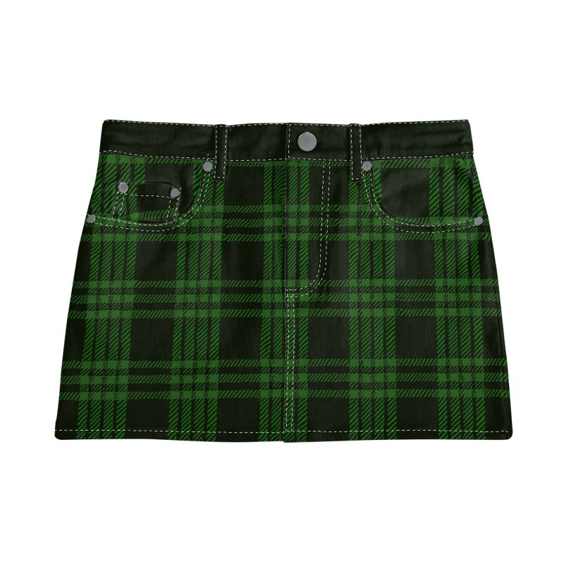 Vampire Art Retro Charm Mini Denim Skirt - Cowgirl Plaid in Green