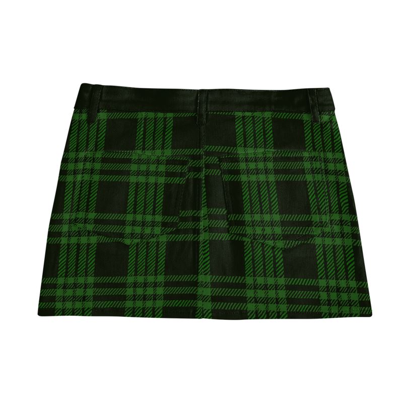 Vampire Art Retro Charm Mini Denim Skirt - Cowgirl Plaid in Green