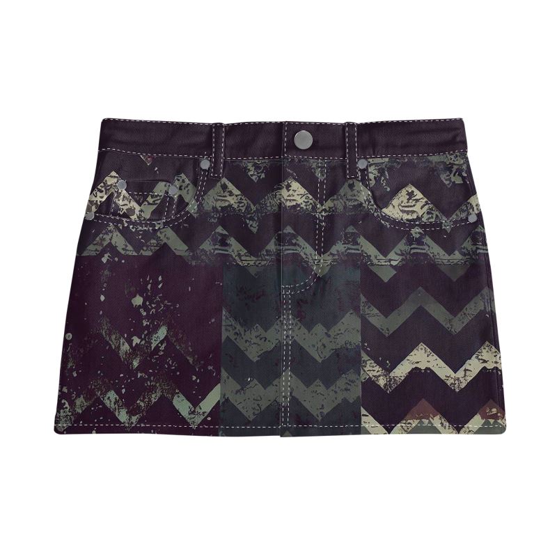 Vampire Art Retro Charm Mini Denim Skirt - Grunge Herringbone