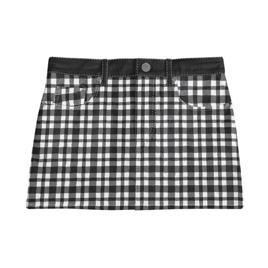 Vampire Art Retro Charm Mini Denim Skirt - Black Gingham