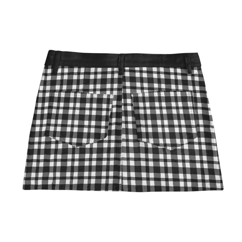 Vampire Art Retro Charm Mini Denim Skirt - Black Gingham