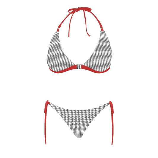 Vampire Art Retro Glam Two-Tone Buckle Halter Bikini Swim Set - Charcoal Grey Houndstooth