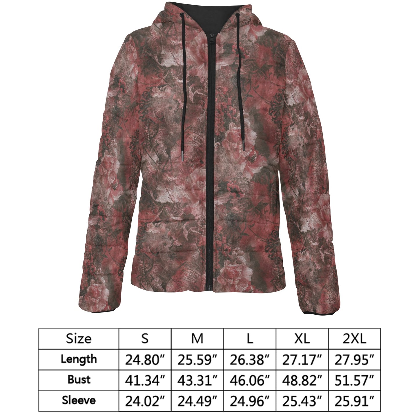 Vampire Art Urban Gothic Women's Padded Hooded Jacket - Grunge Red Lace and Roses