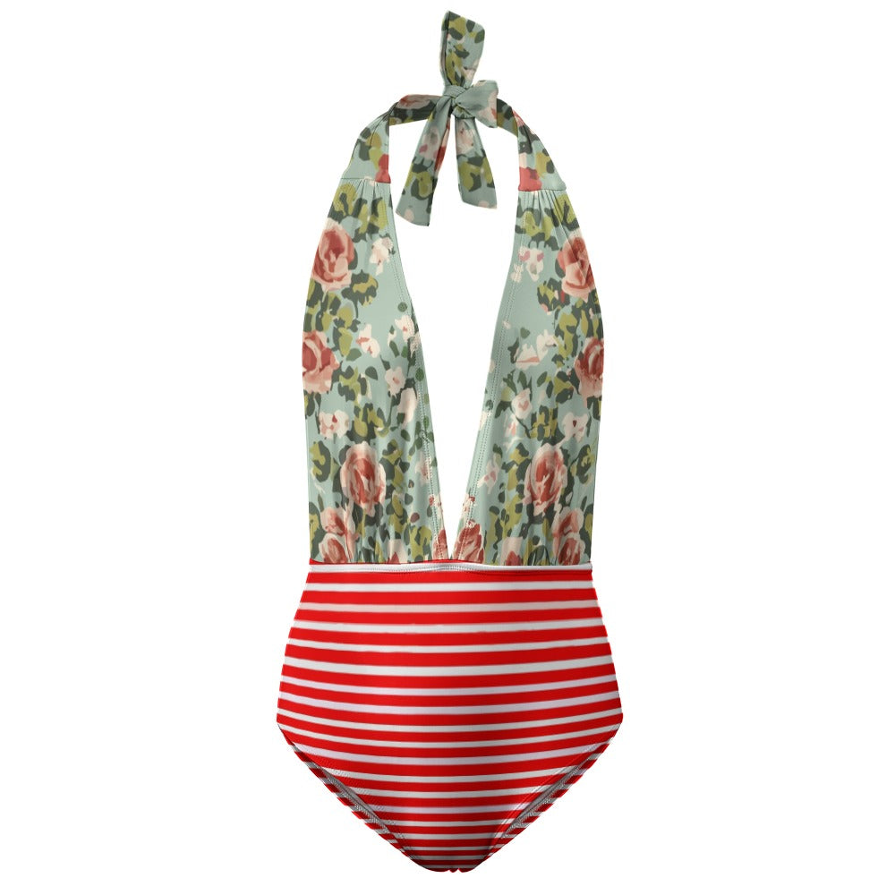 Vampire Art Retro Ladies Halter One Piece Swimsuit - Red Breton Stripes and Roses