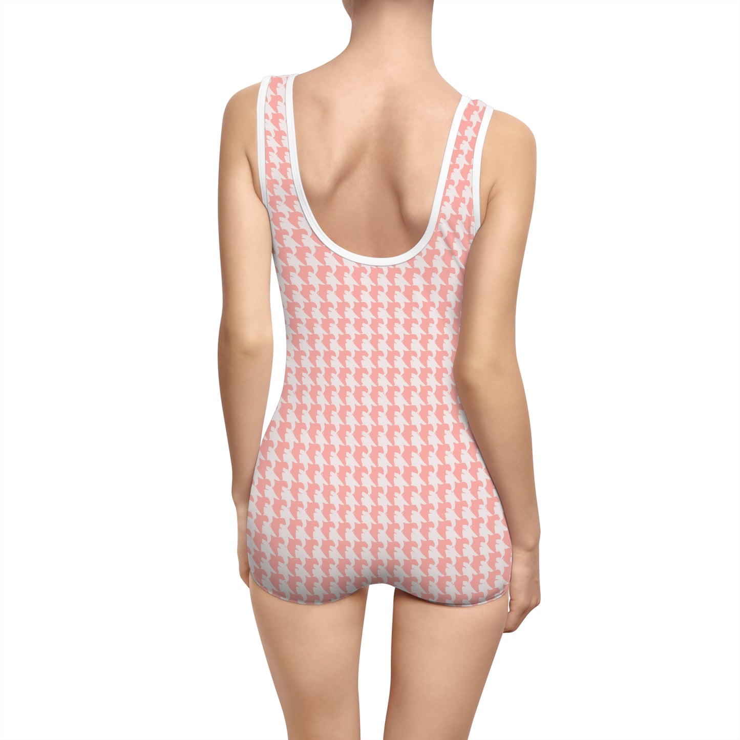 Vampire Art Coral Pink and White Houndstooth Grunge Retro Women's Vintage Swimsuit