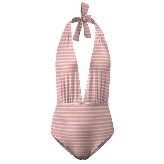 Vampire Art Retro Ladies Halter One Piece Swimsuit - Pastel Pink Breton Stripes