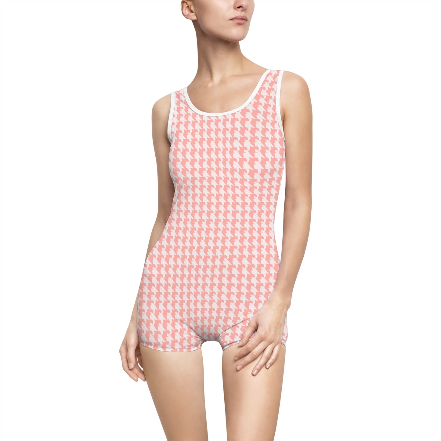 Vampire Art Coral Pink and White Houndstooth Grunge Retro Women's Vintage Swimsuit