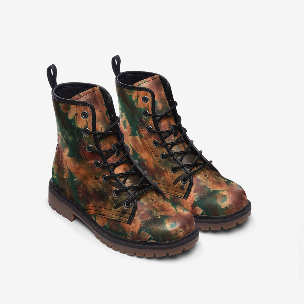 Vampire Art Tie-Dye Hippie Boho Festival Vegan Leather Unisex Combat Boots - Autumn Leaves - US sizes