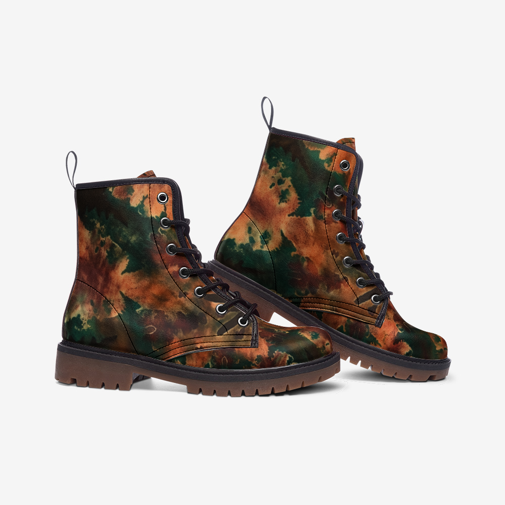 Vampire Art Tie-Dye Hippie Boho Festival Vegan Leather Unisex Combat Boots - Autumn Leaves - US sizes