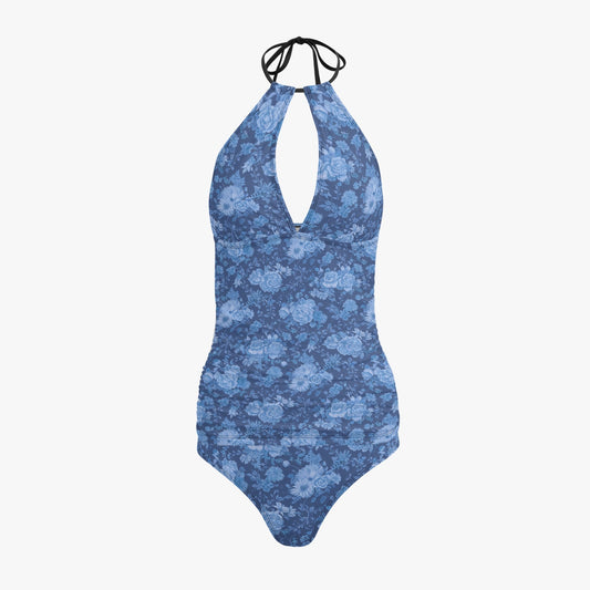 Vampire Art Retro Halter Two-Piece Tankini Swimsuit - Vintage Florals in Deep Blue