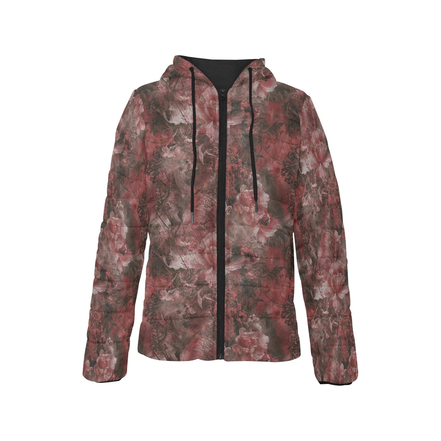 Vampire Art Urban Gothic Women's Padded Hooded Jacket - Grunge Red Lace and Roses