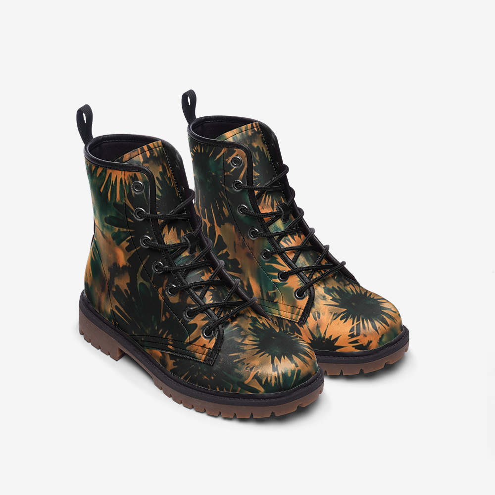 Vampire Art Tie-Dye Hippie Boho Festival Vegan Leather Unisex Combat Boots - Black Flowers - US sizes