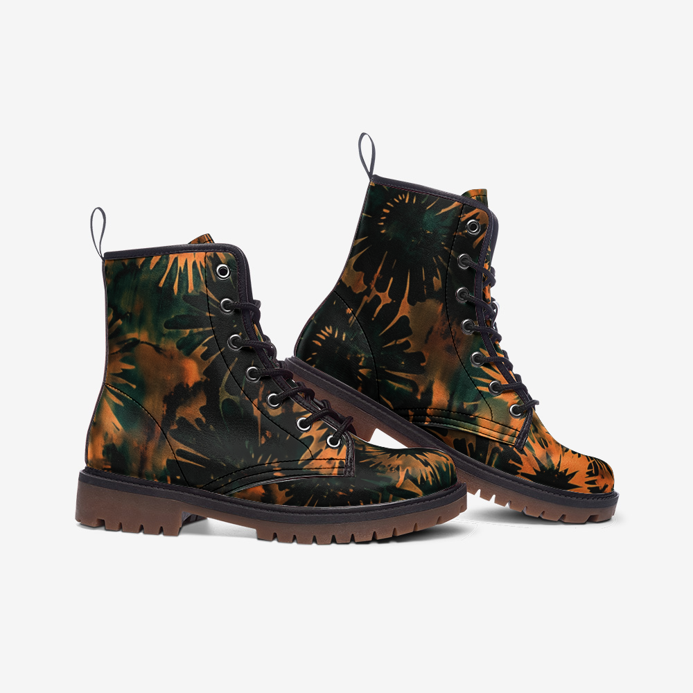 Vampire Art Tie-Dye Hippie Boho Festival Vegan Leather Unisex Combat Boots - Black Flowers - US sizes