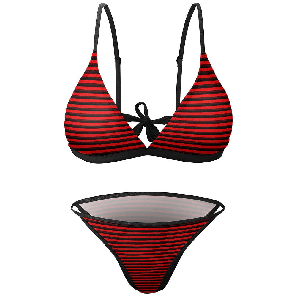 Vampire Art Retro 2-Piece Glam Goth Bikini Swimsuit - Black and Red Stripes