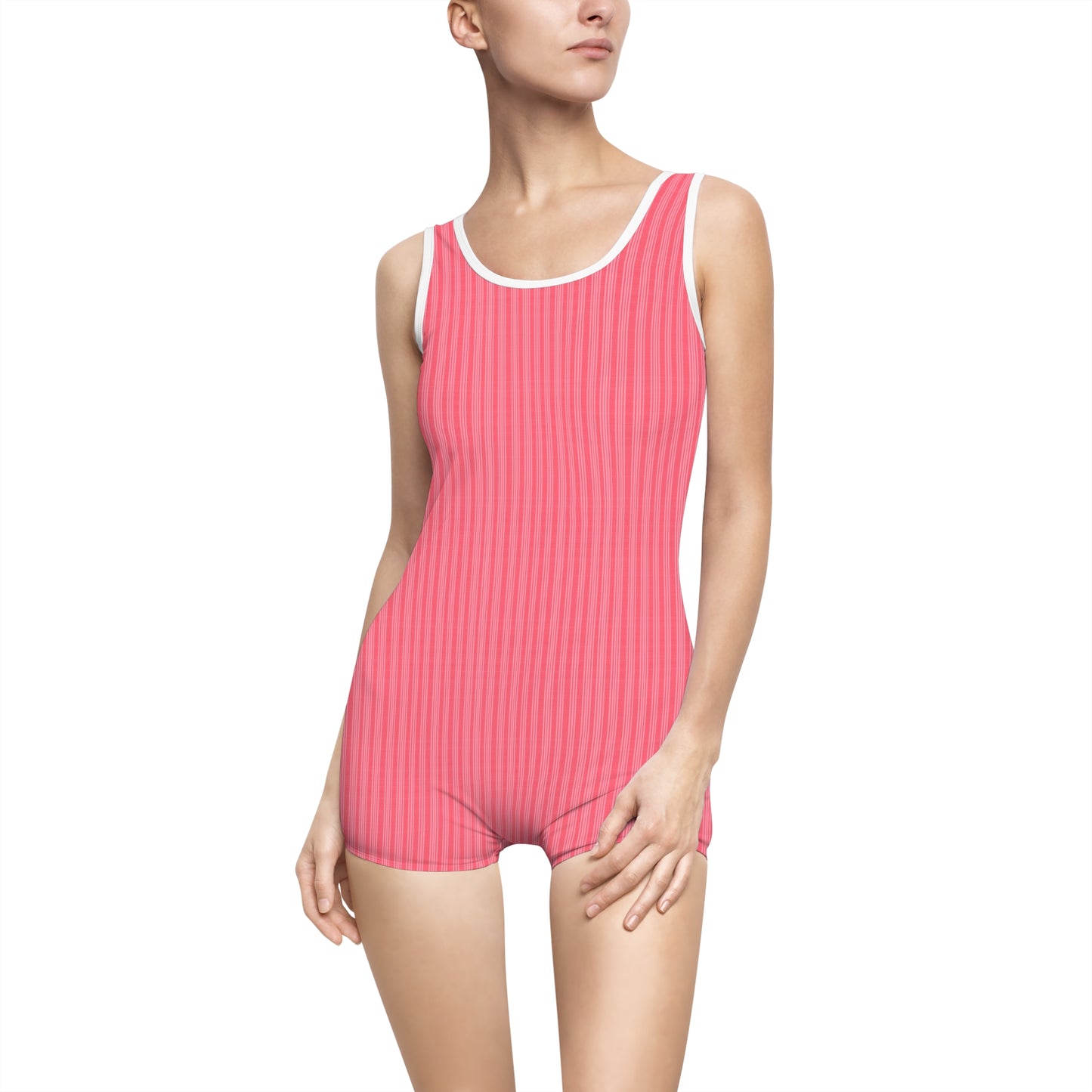 Vampire Art Women's Vintage Swimsuit - Magenta Red Vertical Thin Grandad Stripes