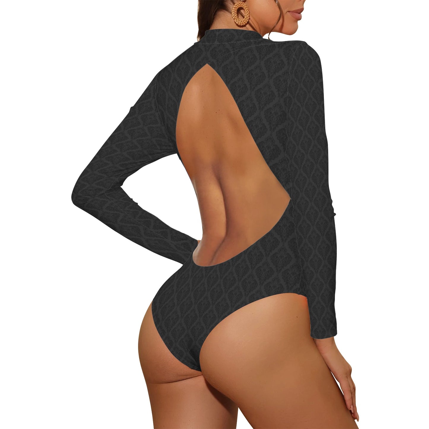 Vampire Art Retro Elegance Backless Long Sleeve Thumbhole Swimsuit - Black Lace Damask Pattern