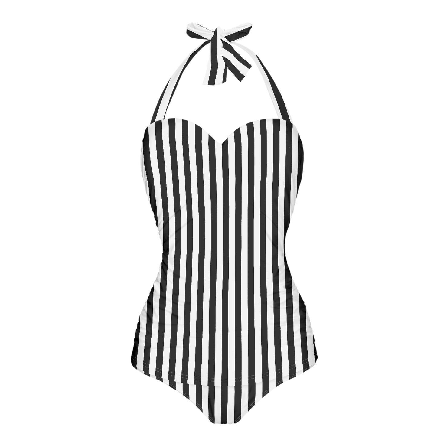 Vampire Art Vintage Chic Halter Neck One-Piece Swimsuit - Vertical Black and White Striped