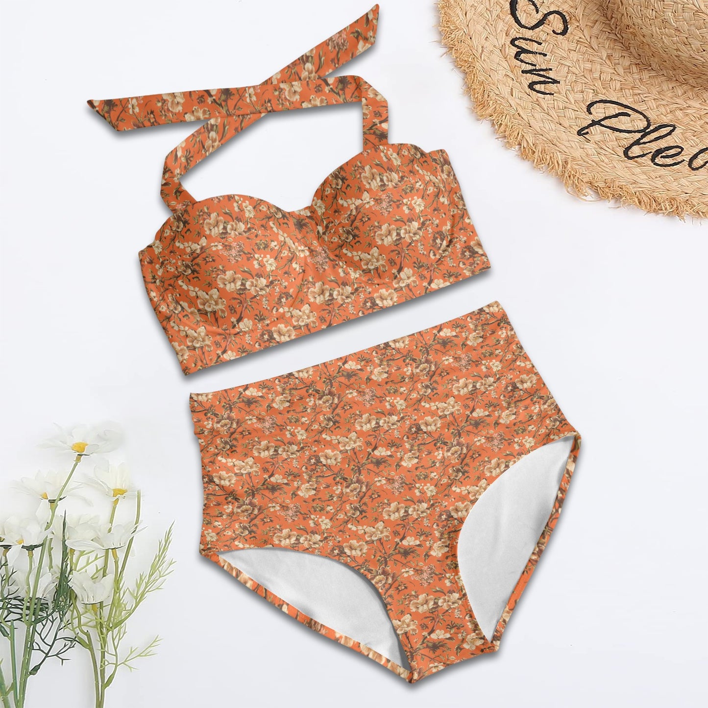 Vampire Art Vintage Charm Floral Halter Bikini - Retro Orange