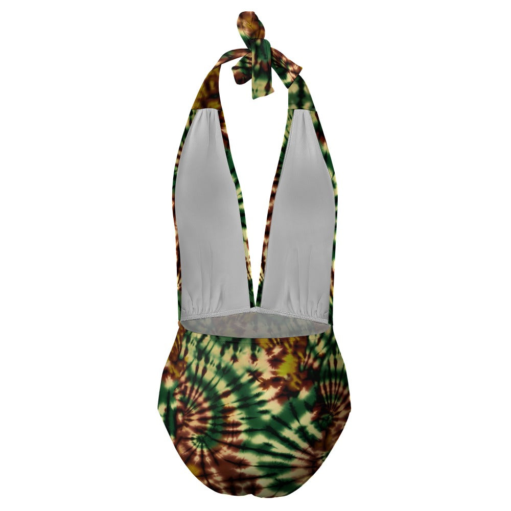 Vampire Art Hippie Tie-Dye Motif Festival Boho One Piece Halter Swimsuit - Green and Brown