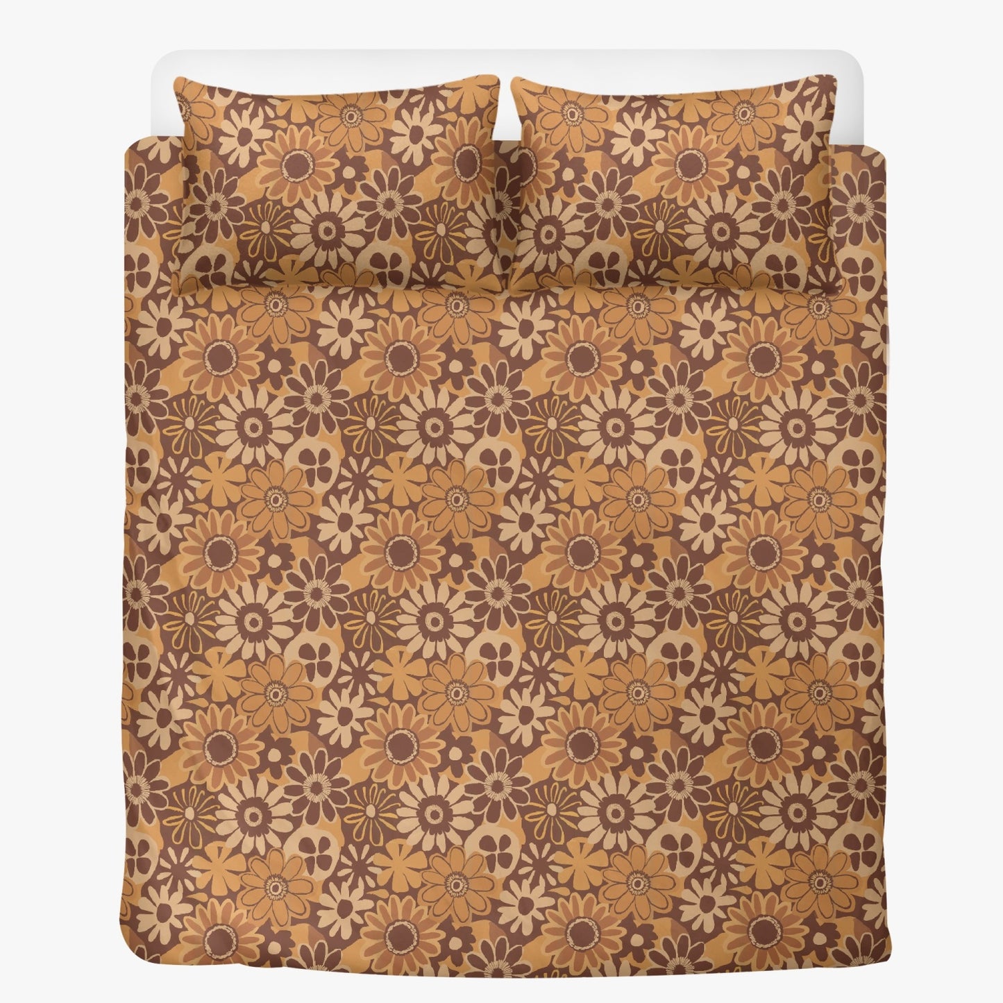 Vampire Art 3-Piece Retro Polyester Bedding Set - Brown 1970s Florals