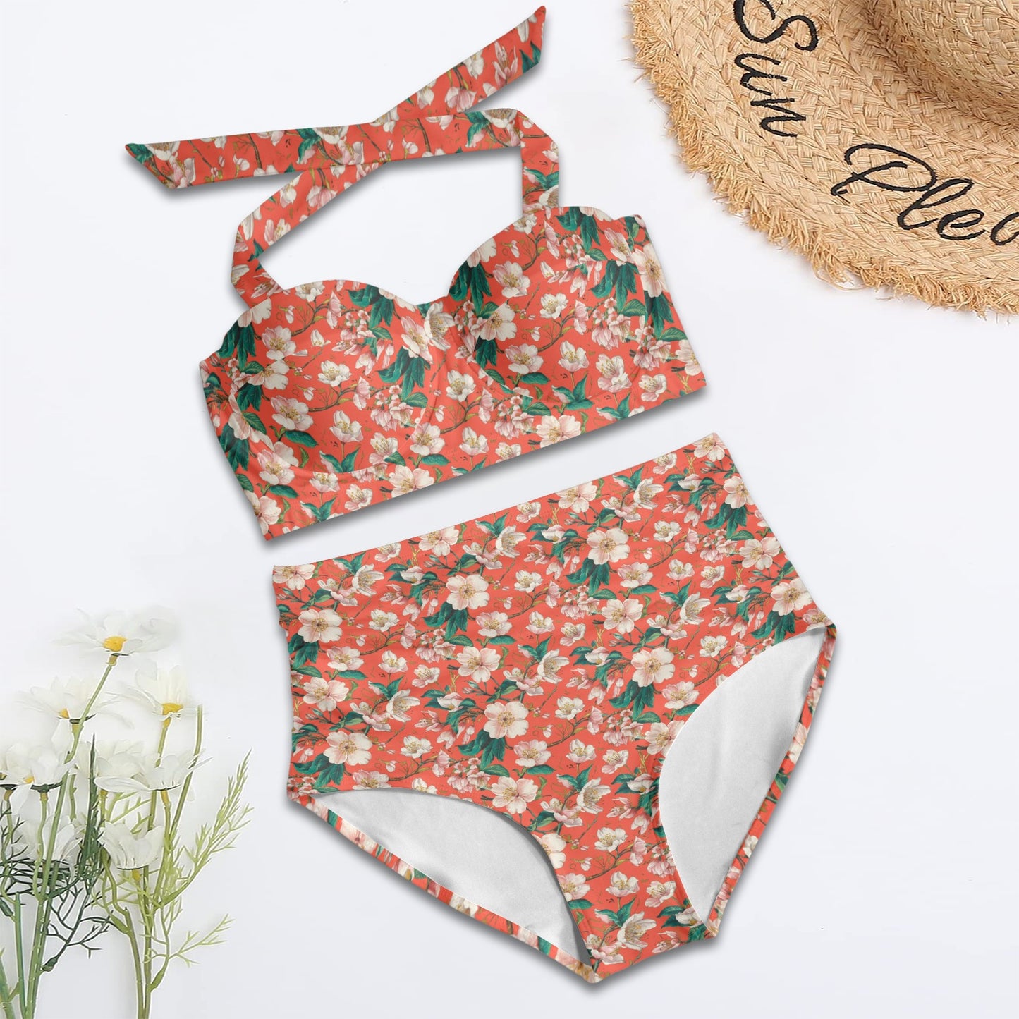 Vampire Art Vintage Charm Floral Halter Bikini - Coral