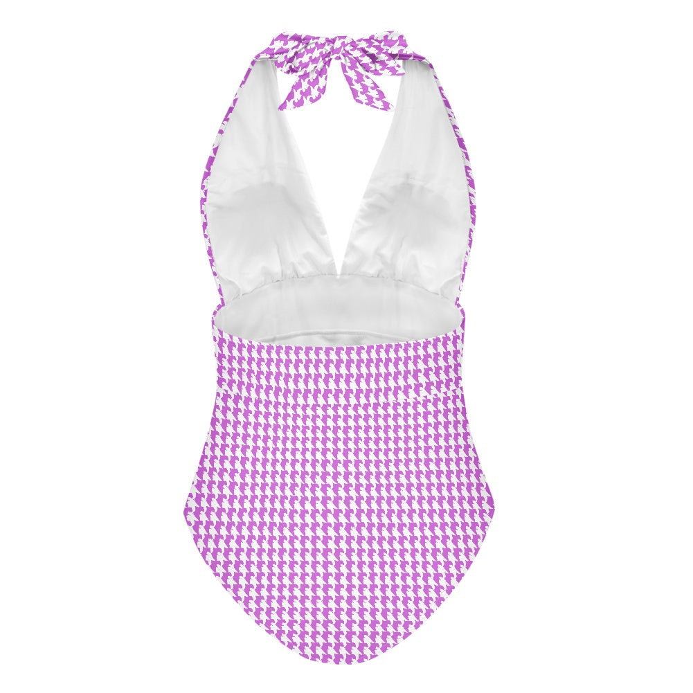 Vampire Art Retro Chic Deep V high-waisted One-piece Swimsuit - Lilac Houndstooth