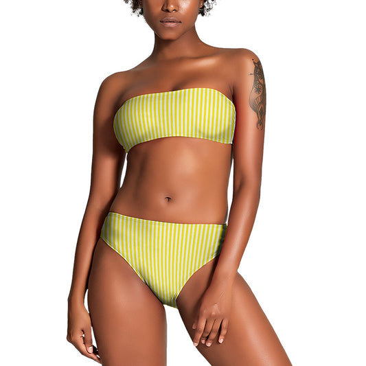 Vampire Art Two Piece Bandeau Strapless Retro Bikinis Swimsuit - Yellow Stripes