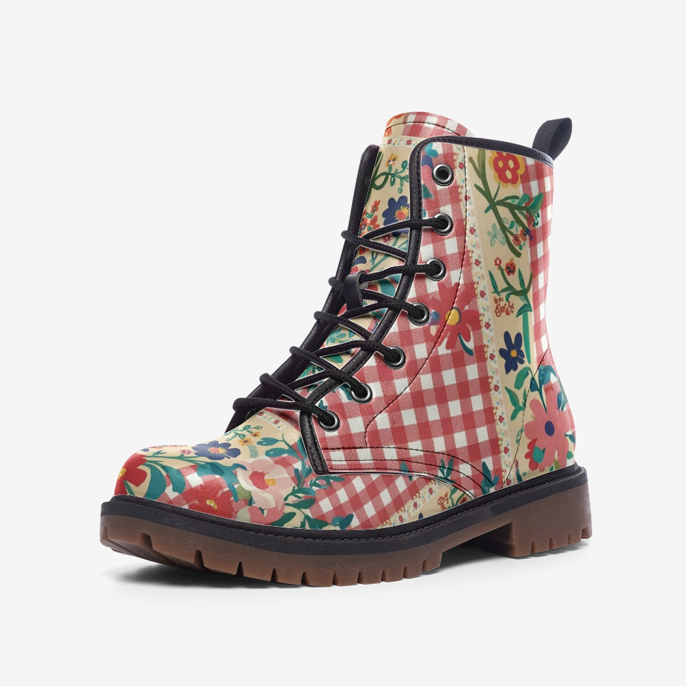 Vampire Art Cottagecore Floral Gingham Unisex Vegan Leather Combat Boots - Red Patches - US Sizes