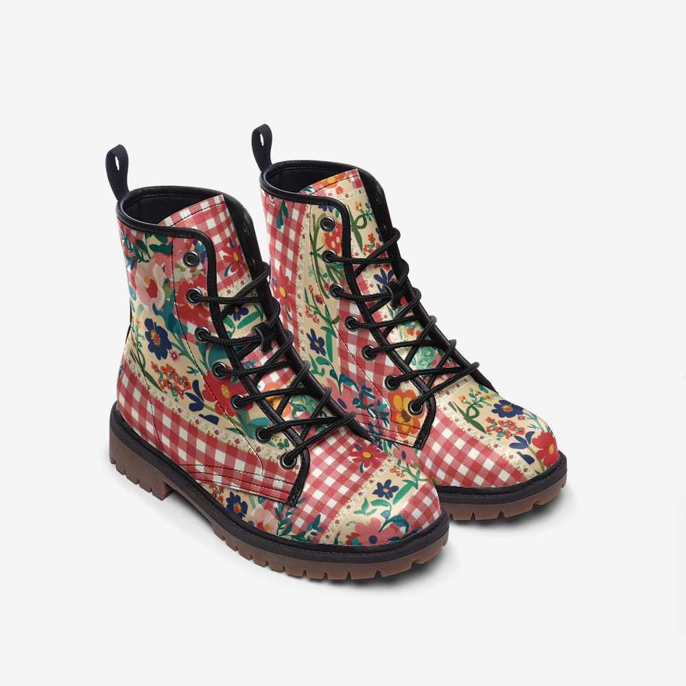 Vampire Art Cottagecore Floral Gingham Unisex Vegan Leather Combat Boots - Red Patches - US Sizes