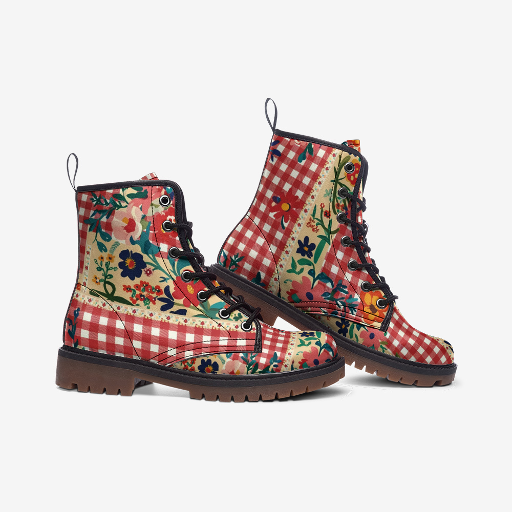 Vampire Art Cottagecore Floral Gingham Unisex Vegan Leather Combat Boots - Red Patches - US Sizes