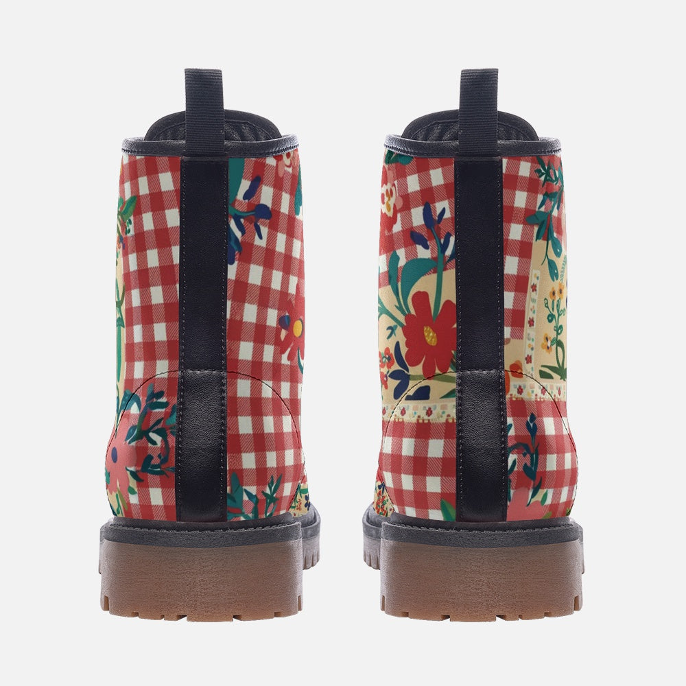 Vampire Art Cottagecore Floral Gingham Unisex Vegan Leather Combat Boots - Red Patches - US Sizes