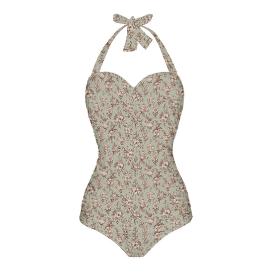 Vampire Art Vintage Chic Halter Neck One-Piece Swimsuit - Khaki Green Retro Florals