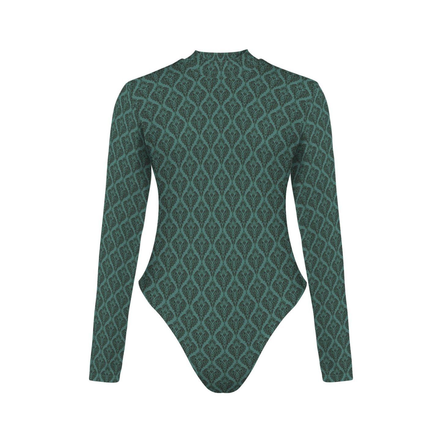 Vampire Art Retro Elegance Backless Long Sleeve Thumbhole Swimsuit - Victorian Damask in Green