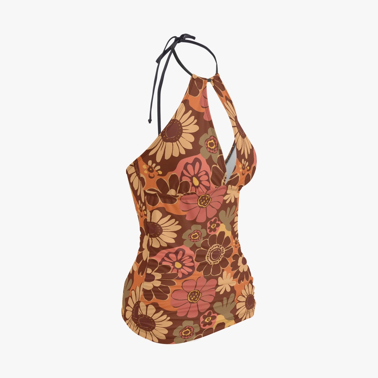 Vampire Art Retro Halter Two-Piece Tankini Swimsuit - Boho Hippie Brown Florals