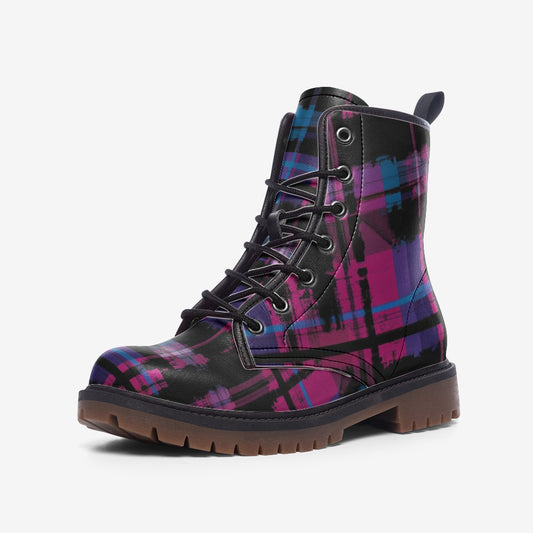 Vampire Art Tartan Grunge Unisex Vegan Leather Combat Boots - Pink and Blue - US size