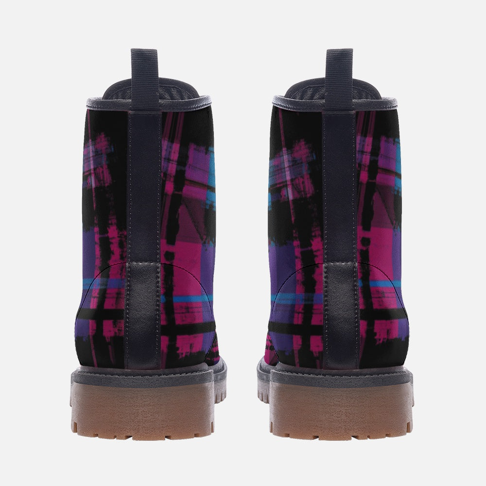 Vampire Art Tartan Grunge Unisex Vegan Leather Combat Boots - Pink and Blue - US size