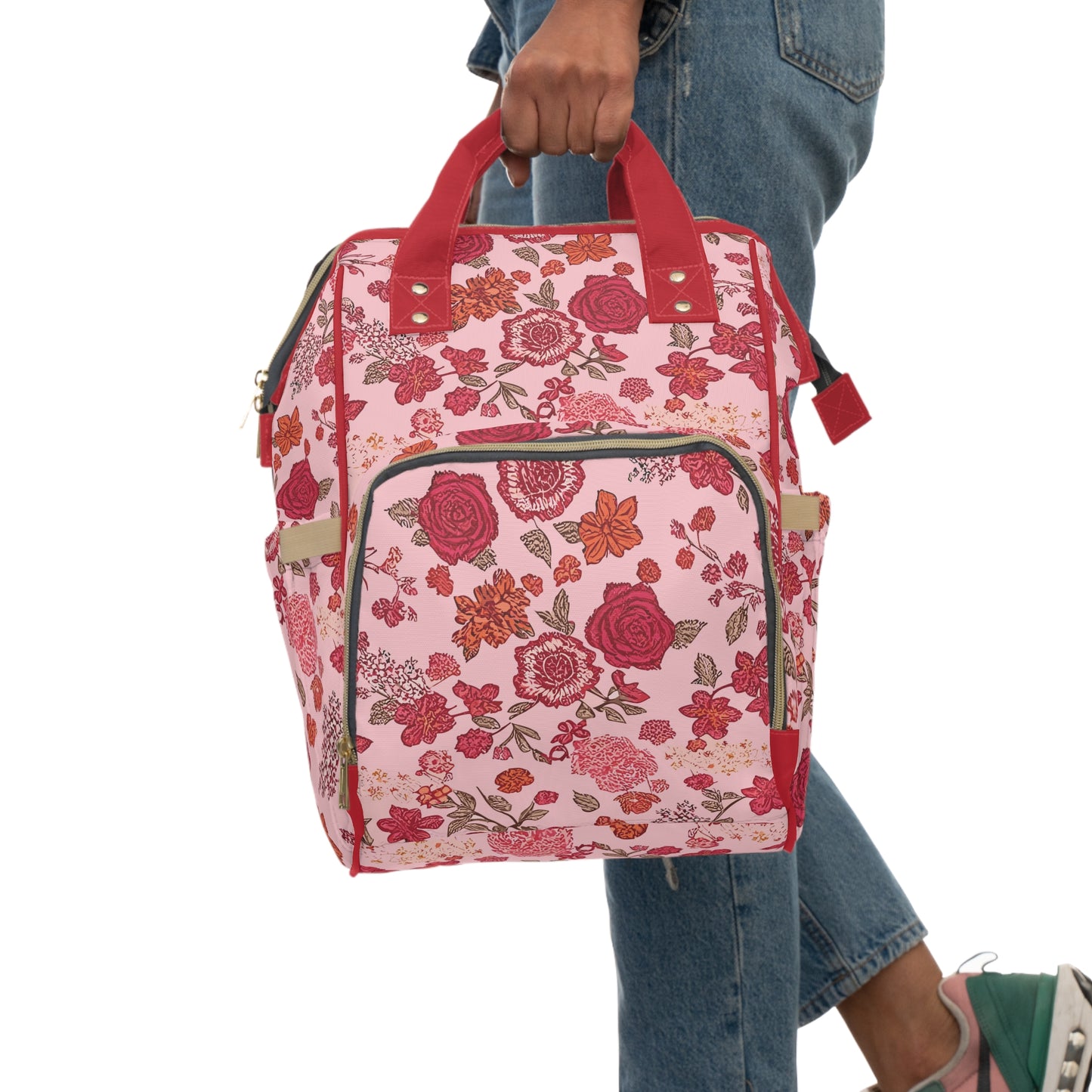 Vampire Art Multifunctional Baby Diaper Backpack Changing Bag - Vintage Cottagecore Floral Red