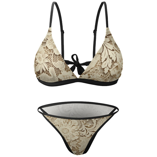 Vampire Art Retro 2-Piece Glam Bikini Swimsuit - Cream Lace Print