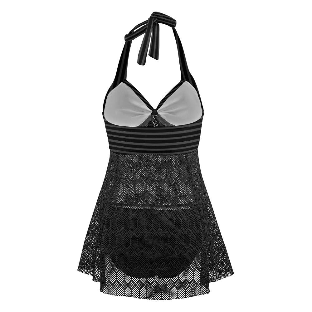 Vampire Art Goth Halter Two Piece Mesh Tankini Swimsuit - Charcoal and Black Stripes