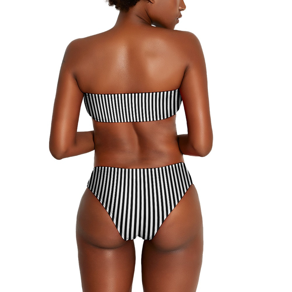 Vampire Art Two Piece Bandeau Strapless Retro Bikinis Swimsuit - Preppy Black and White Vertical Stripes