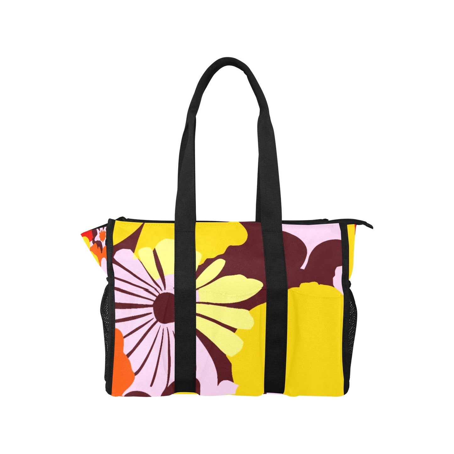 Vampire Art Retro Large Multi-pocket Beach Bag - Bold Sixties Florals in Yellow and Lilac